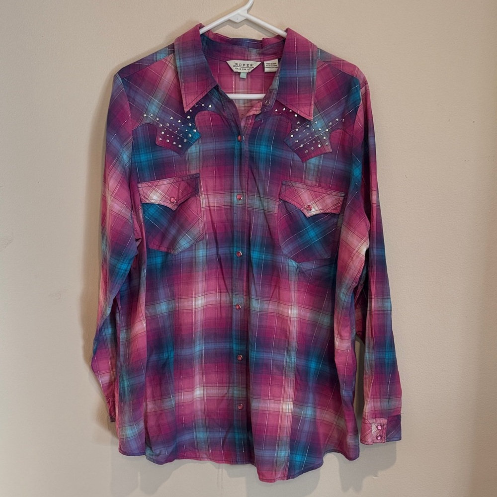 💜Roper Wear the West Pink and Blue Plaid Shirt with embellishments Cowboy Chic 🤠